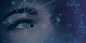 Pozornost v oglaševanju – simbolno prikazana s pogledom očesa in digitalnimi povezavami.